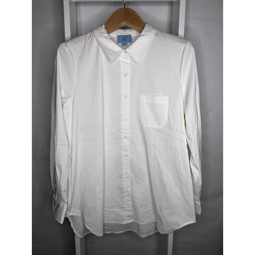 Cece Shirt Womens Large White Poplin Button-Up Collared Drawstring Back NEW